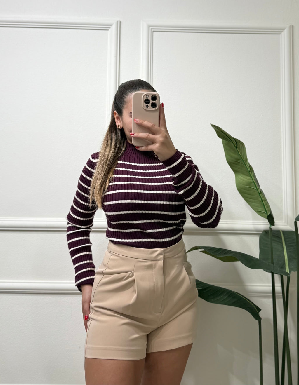 Wine & White Turtle Neck Top