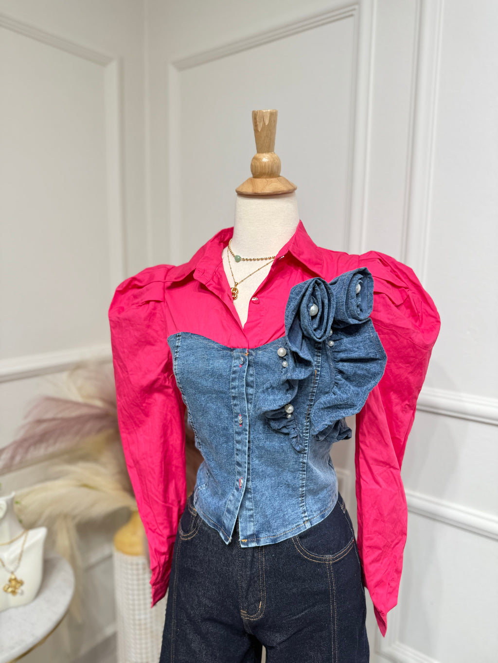 Pink denim flower blouse