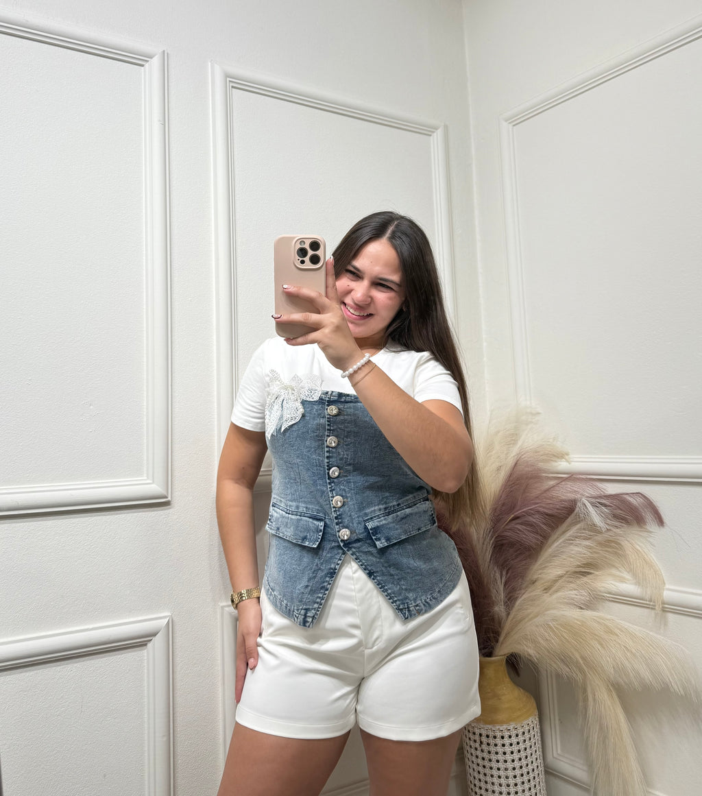 Denim & White Coquette Top