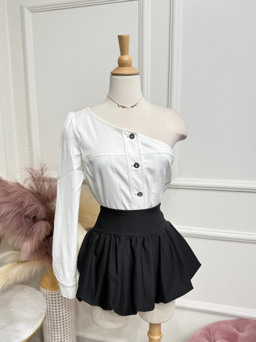 One shoulder white top