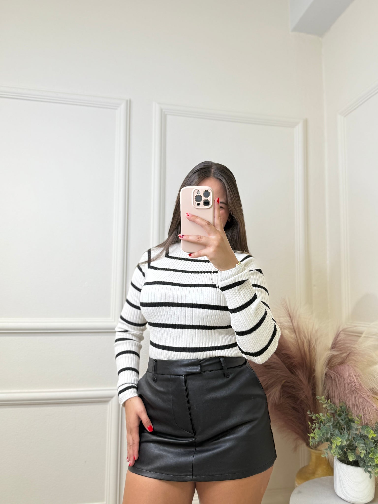 White & black turtle neck blouse