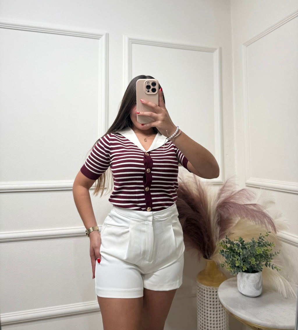 Wine & White Blouse