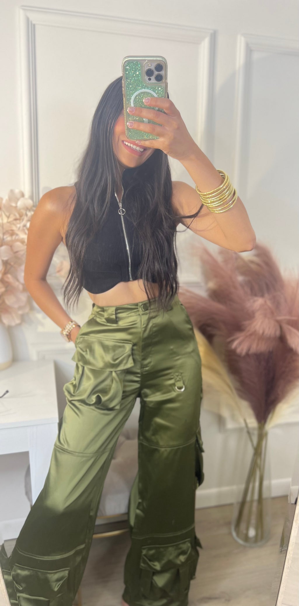 Green Satin Cargo Pant