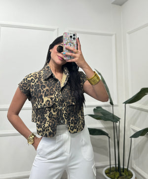 Animal print denim blouse